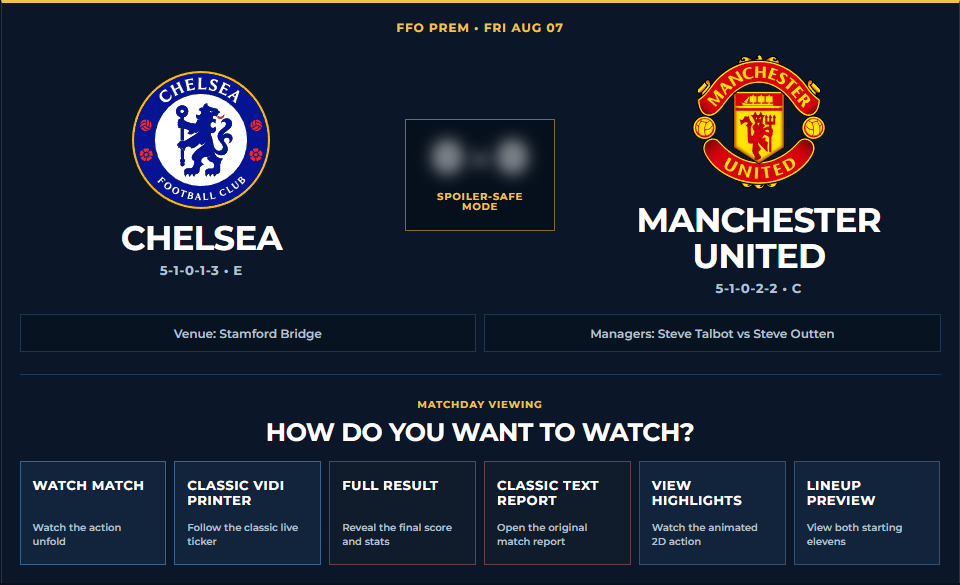 Preview of the FFO match centre for Chelsea versus Manchester United